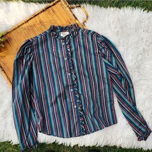 Vtg Ruffle Detail TRY 1 Striped Multicolored Secretary Style Shirt. Sz S Fit